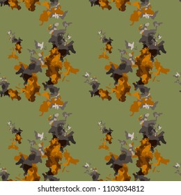 Abstract green, orange, grey and brown background as UFO camouflage. Seamless repeat light pattern usable as urban camo, wallpaper, backdrop or for print for textile or wrapping paper