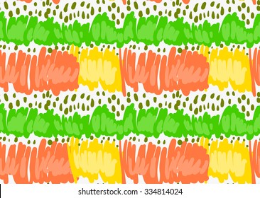Abstract green and orange scribble with dots.Hand drawn with paint brush seamless background.Modern hipster style design.