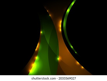 Abstract green and orange waves glowing shiny vector artistic background