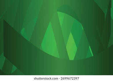 Abstract green overlapping shapes create a dynamic, layered background with a sense of depth and organic flow.