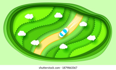 Abstrakter Hintergrund des Grünbuchs mit Baumwaldstraßenwolken im Vektordesign-Stil
