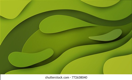 Abstract green paper cut background with simple shapes. Modern vector illustration for concept design. Realistic 3d layered smooth bending objects.