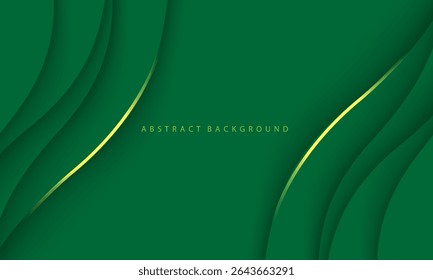Abstract green paper cut gold line wave curve overlap background texture vector illustration.