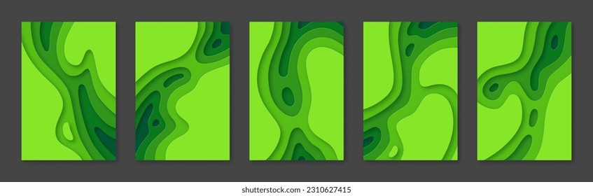 Abstract green paper cut shapes, carving art texture templates set. Modern papercut topography relief imitation with multi layers for banner, flyer, presentation, cover, brochure vector illustration