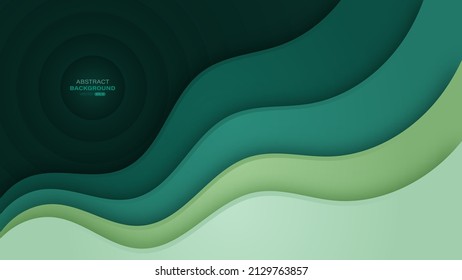 Abstract green paper cut with wavy layers background. Realistic 3d layered smooth bending objects. Vector illustration