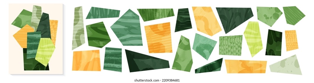 Abstract green paper shape for collage or pattern constructor. Eco garden, field, nature design vector background. Contemporary rectangle pieces composition. Geometric applique, patchwork ornament