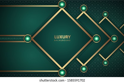 Abstract green paper shapes overlapping texture background a combination with light golden decoration. Luxury and modern paper cover background for use frame, cover, banner, corporate, card