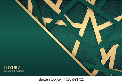 Abstract green paper shapes overlapping texture background a combination with light golden decoration. Luxury and modern paper cover background for use frame, cover, banner, corporate, card