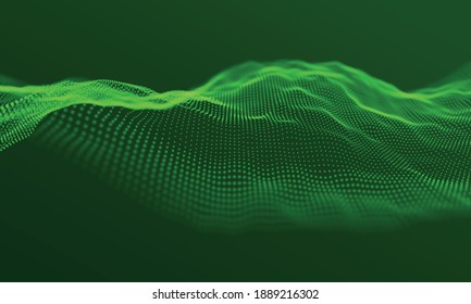 Resumen de fondo de partícula verde. Ola de flujo con paisaje de puntos. Estructura de datos digitales. Malla futura o rejilla de sonido. Visualización de puntos de patrón. Ilustración vectorial de tecnología.