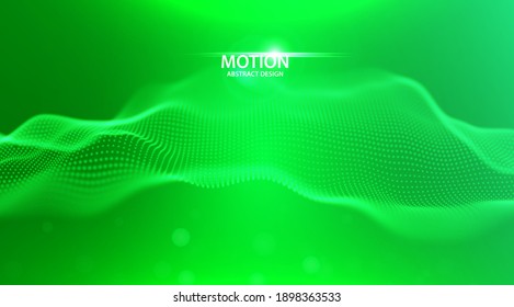 Resumen de fondo de partícula verde. Ola de flujo con paisaje de puntos. Estructura de datos digitales. Malla futura o rejilla de sonido. Visualización de puntos de patrón. Ilustración vectorial de tecnología.