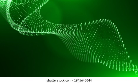 Abstract green particle background. Flow wave with dot landscape. Digital data structure. Future mesh or sound grid. Pattern point visualization. Technology vector illustration.