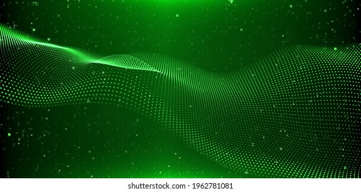 Abstract green particle background. Flow wave with dot landscape. Digital data structure. Future mesh or sound grid. Pattern point visualization. Technology vector illustration.