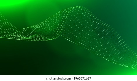 Abstract green particle background. Flow wave with dot landscape. Digital data structure. Future mesh or sound grid. Pattern point visualization. Technology vector illustration.