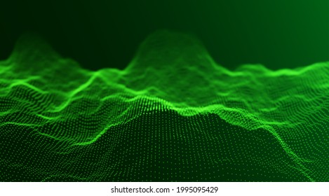 Abstract green particle background. Flow wave with dot landscape. Digital data structure. Future mesh or sound grid. Pattern point visualization. Technology vector illustration.