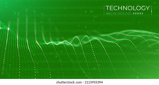 Abstract green particle background. Flow wave with dot landscape. Digital data structure. Future mesh or sound grid. Pattern point visualization.