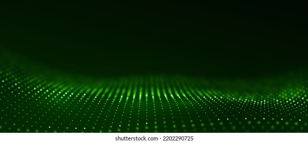 Abstract green particle background. Flow wave with dot landscape. Digital data structure. Future mesh or sound grid. Pattern point visualization. Technology vector illustration.