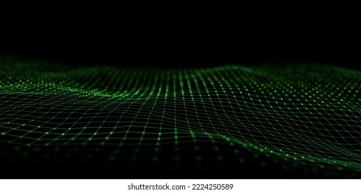 Abstract green particle background. Flow wave with dot landscape. Digital data structure. Future mesh or sound grid. Pattern point visualization. Technology vector illustration.