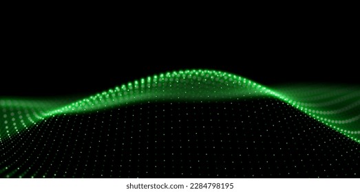 Abstract green particle background. Flow wave with dot landscape. Digital data structure. Future mesh or sound grid. Pattern point visualization. Technology vector illustration.