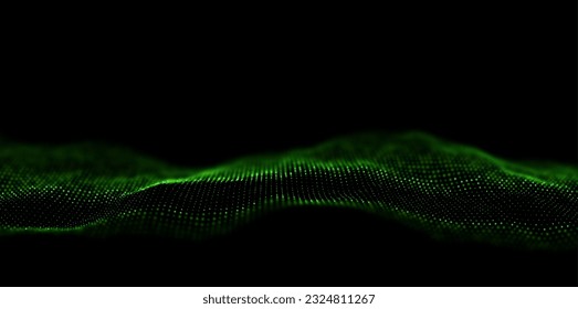 Abstract green particle background. Flow wave with dot landscape. Digital data structure. Future mesh or sound grid. Pattern point visualization. Technology vector illustration.
