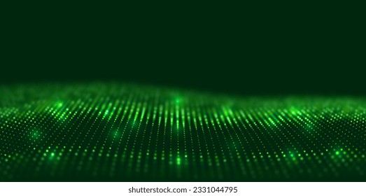 Abstract green particle background. Flow wave with dot landscape. Digital data structure. Future mesh or sound grid. Pattern point visualization. Technology vector illustration.