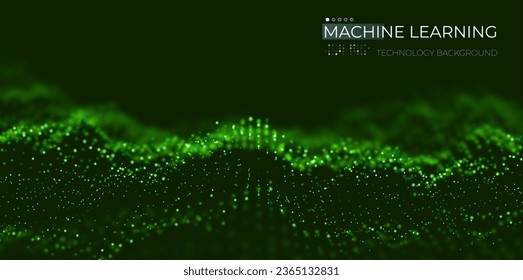 Abstract green particle background. Flow wave with dot landscape. Digital data structure. Future mesh or sound grid. Pattern point visualization. Technology vector illustration.