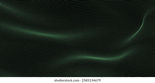 Abstract green particle background. Flow wave with dot landscape. Digital data structure. Future mesh or sound grid. Pattern point visualization. Technology vector illustration.
