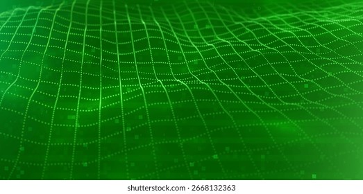 Abstract green particle background. Flow wave with dot landscape. Digital data structure. Future mesh or sound grid. Pattern point visualization. Technology vector illustration.