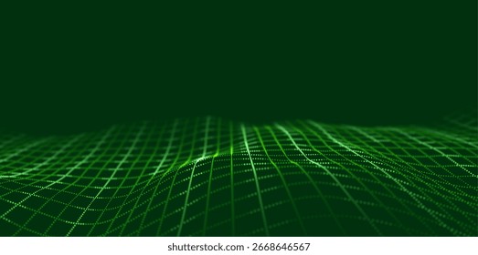 Abstract green particle background. Flow wave with dot landscape. Digital data structure. Future mesh or sound grid. Pattern point visualization. Technology vector illustration.