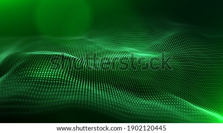 Abstract green particle background. Flow wave with dot landscape. Digital data structure. Future mesh or sound grid. Pattern point visualization. Technology vector illustration.