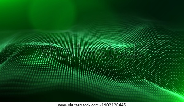 Abstract\
green particle background. Flow wave with dot landscape. Digital\
data structure. Future mesh or sound grid. Pattern point\
visualization. Technology vector\
illustration.