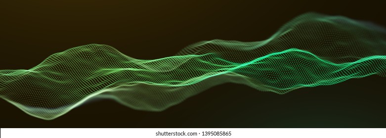 Abstract Green Particle Waves Surface on Black Background. Abstract Technology or Science Banner. Cyber Space Background. Particles with DOF Effect. EPS10 Vector Illustration.