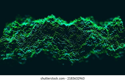 Resumen Fondo de partículas verdes. Paisaje de puntos de onda de flujo. Estructura de datos digitales. Visualización de la cuadrícula de sonido de la nube de puntos. Ilustración de vectores de tecnología.