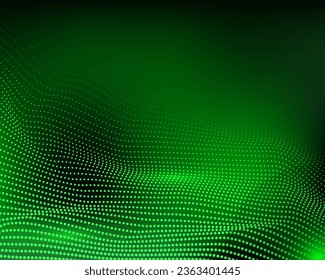 Abstract green particles background. Wave flow with point landscape. Digital data structures
