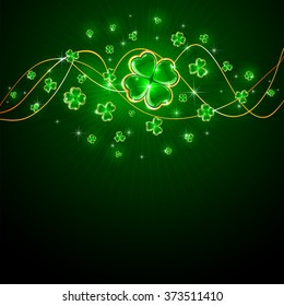 Abstract green Patrick's Day background with shiny clover, illustration 