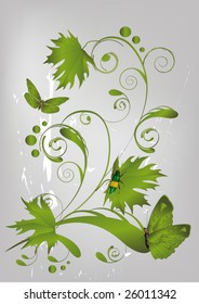 abstract green pattern from branches of butterflies and bugs