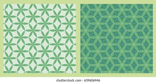 Abstract green pattern with circles, that divide each other and form geometric flowers in hexagons. Vector illustration. Element for design cards, posters and other objects