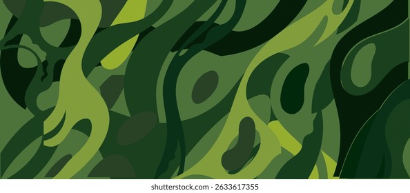 Abstract Green Pattern with Organic Flowing Shapes, Camouflage-Like Effect, Light Yellowish-Green to Deep Forest Green Shades, Dark Accents, Fluid Motion, Textured Depth