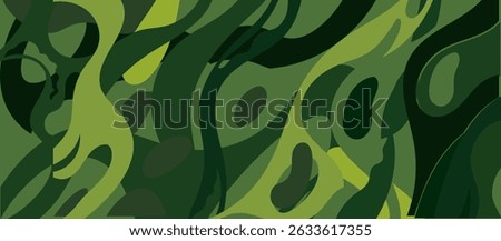Abstract Green Pattern with Organic Flowing Shapes, Camouflage-Like Effect, Light Yellowish-Green to Deep Forest Green Shades, Dark Accents, Fluid Motion, Textured Depth