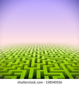 Abstract green perspective labyrinth in pink mist