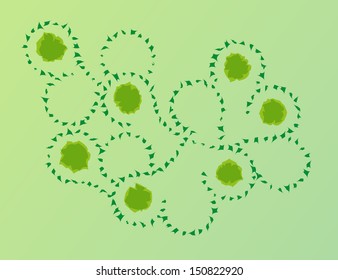 abstract green pieces in wind and large green balls