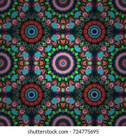 Abstract green, pink and blue psychedelic print. Modern urban dazzle paint. Seamless impressive Mandalas pattern. Fabric, wallpaper, cloth and textile design. Vector eco-styled background.