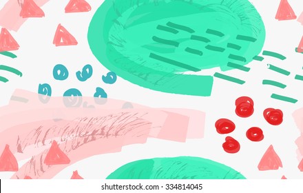 Abstract green and pink with dashes and dots.Hand drawn with paint brush seamless background.Modern hipster style design.