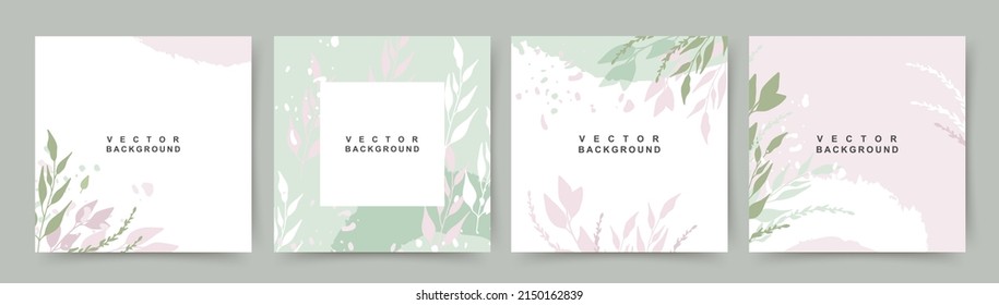 Abstract green pink flower background. Social media post template with plant and leaves  elements. Vector illustration for card, banner, invitation, poster, mobile apps, web ads - Shutterstock ID 2150162839