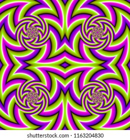 Abstract green, pink and purple background with spirals. Spin illusion. Seamless pattern.