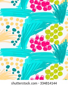 Abstract green and pink strokes and circles.Hand drawn with paint brush seamless background.Modern hipster style design.