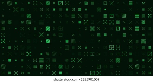 Abstract Green Pixel Symbols Vector Pattern. Geometric Retro Computer Style Texture. Generative Art Vector Illustration. Vintage 8-bit Game Background. Grid of Pixel Shapes.