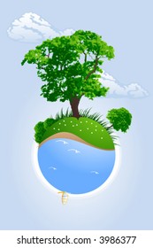 Abstract green planet with trees grass and windsurfing vector illustration