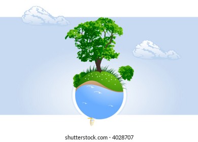 Abstract green planet with trees grass and windsurfing vector illustration