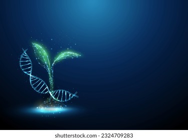 Abstract green plant sprout with flying dna helixes. Gene engineering, biotechnology concept. Low poly style design. Modern 3d graphic geometric background. Wireframe light connection structure Vector