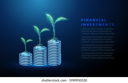 Abstract green plants on coins stacks. Saving money concept. Low poly style design. Blue geometric background. Wireframe light connection structure. Modern 3d graphic. Isolated vector illustration.